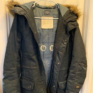 Women's G-Star RAW Slate Gray/Black Hooded Parka - Size M - Faux Fur Multipocket